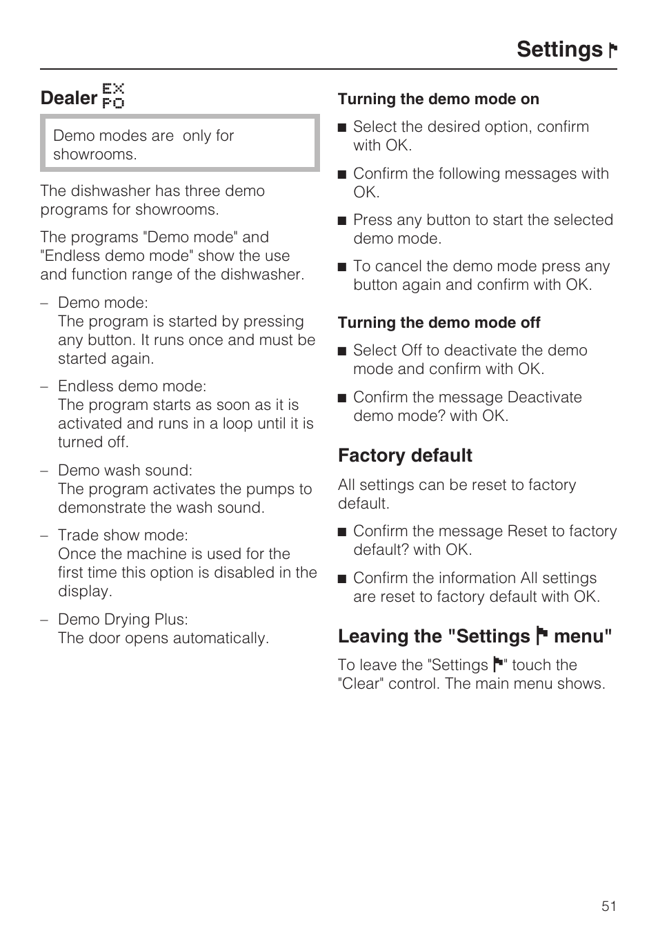 Settings, Dealer, Factory default | Leaving the "settings j menu | Miele G 2832 User Manual | Page 51 / 80