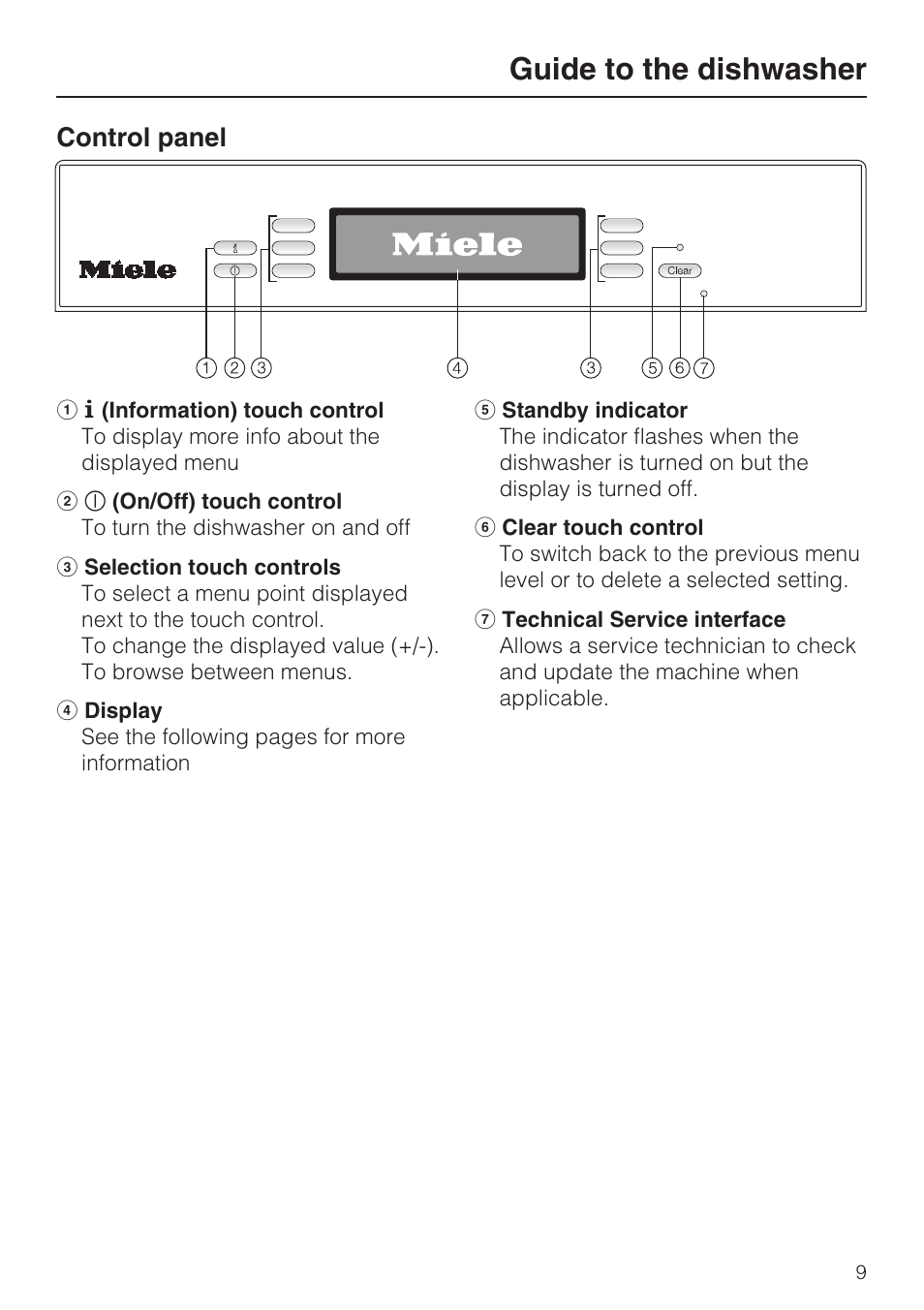 Control panel 9, Guide to the dishwasher, Control panel | Miele G 2832 User Manual | Page 9 / 80