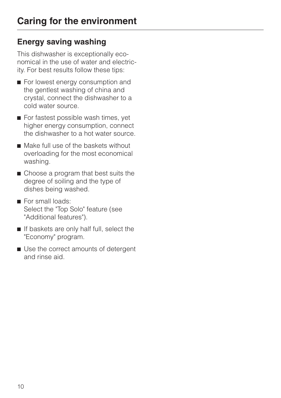 Caring for the environment 10, Energy saving washing 10, Caring for the environment | Energy saving washing | Miele NOVOTRONIC G 851 SC PLUS User Manual | Page 10 / 52