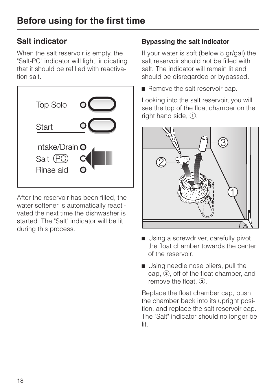 Salt indicator 18, Salt indicator, Before using for the first time | Miele NOVOTRONIC G 851 SC PLUS User Manual | Page 18 / 52