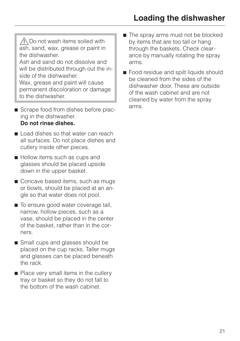 Loading the dishwasher 21, Loading the dishwasher | Miele NOVOTRONIC G 851 SC PLUS User Manual | Page 21 / 52