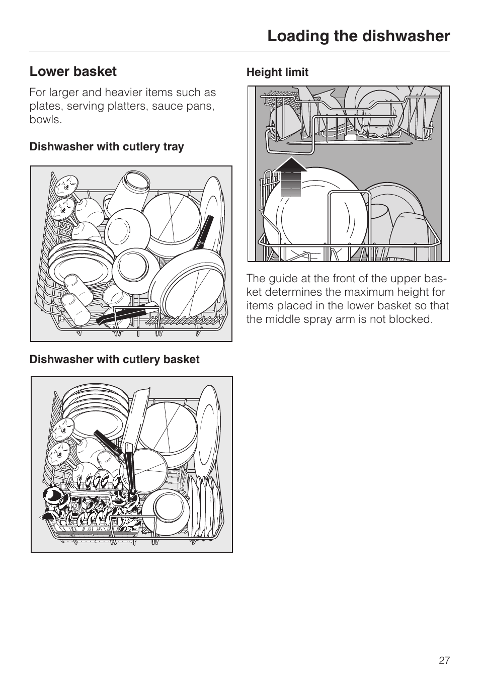 Lower basket 27, Lower basket, Loading the dishwasher | Miele NOVOTRONIC G 851 SC PLUS User Manual | Page 27 / 52