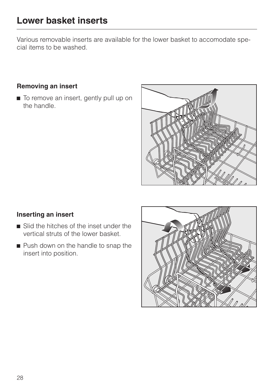 Lower basket inserts 28, Removing an insert 28, Inserting an insert 28 | Lower basket inserts, Removing an insert inserting an insert | Miele NOVOTRONIC G 851 SC PLUS User Manual | Page 28 / 52