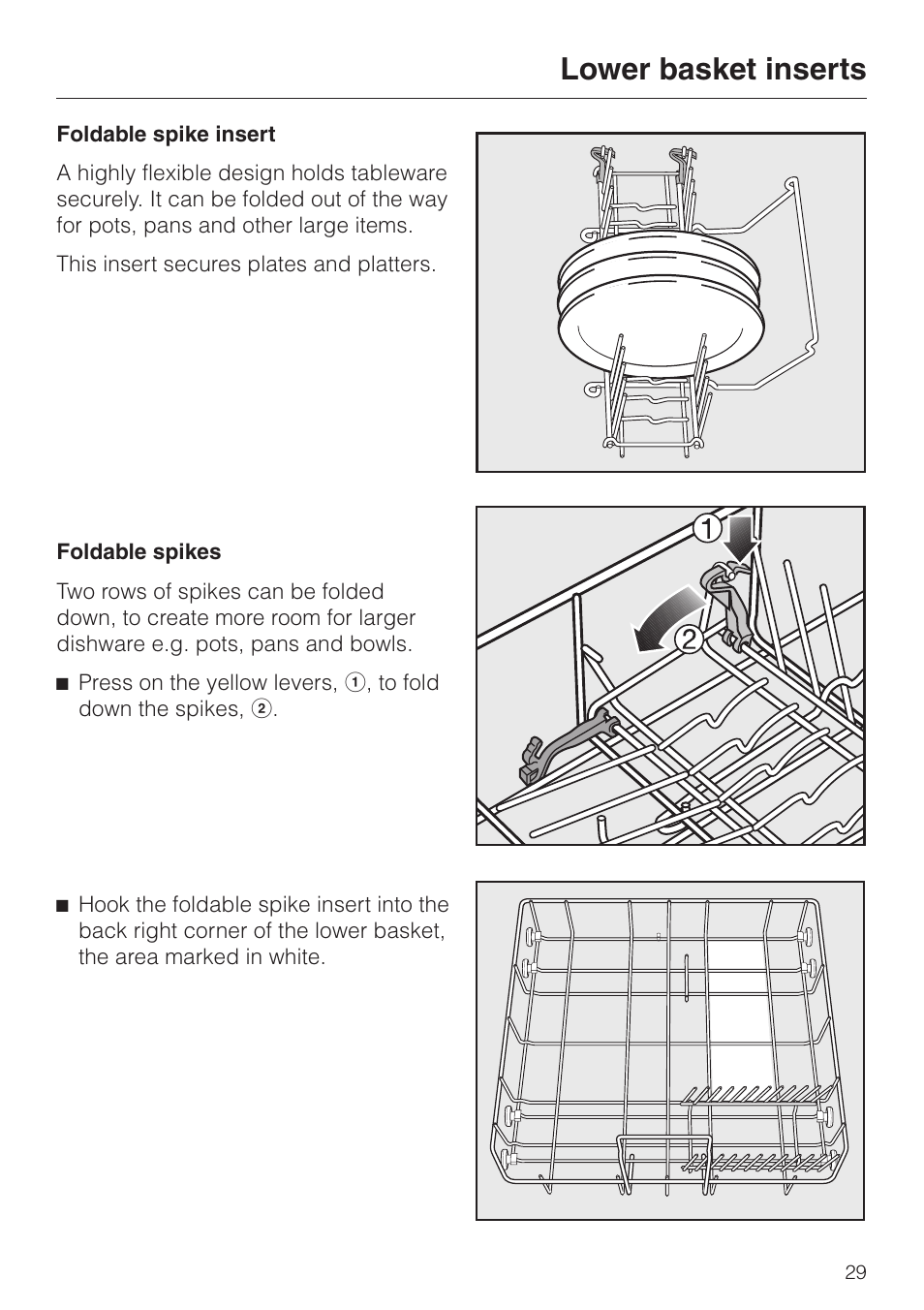 Foldable spike insert 29, Foldable spike insert, Lower basket inserts | Miele NOVOTRONIC G 851 SC PLUS User Manual | Page 29 / 52