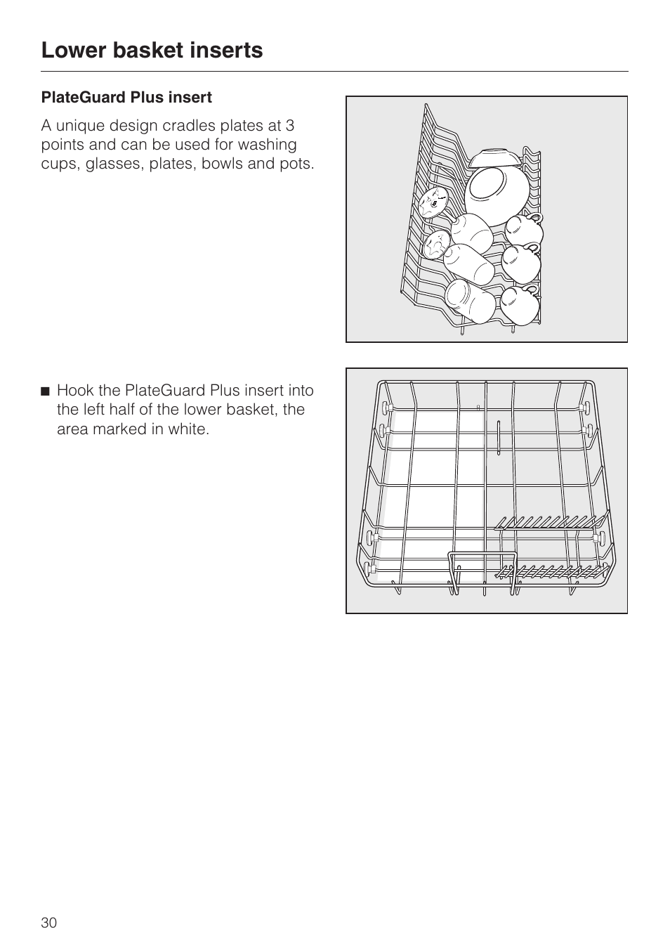 Plateguard plus insert 30, Plateguard plus insert, Lower basket inserts | Miele NOVOTRONIC G 851 SC PLUS User Manual | Page 30 / 52