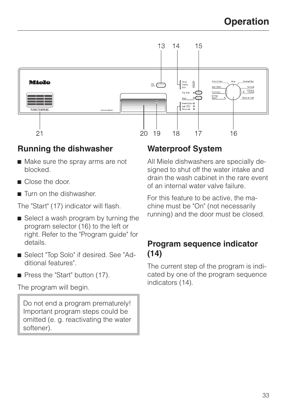 Running the dishwasher 33, Program sequence indicator (14) 33, Operation | Running the dishwasher, Waterproof system, Program sequence indicator (14) | Miele NOVOTRONIC G 851 SC PLUS User Manual | Page 33 / 52