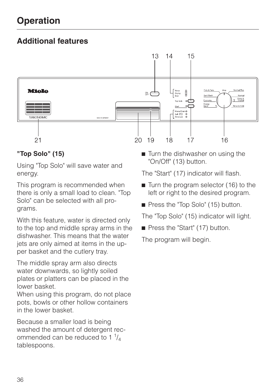 Additional features 36, Top solo" (15) 36, Additional features | Top solo" (15), Operation | Miele NOVOTRONIC G 851 SC PLUS User Manual | Page 36 / 52