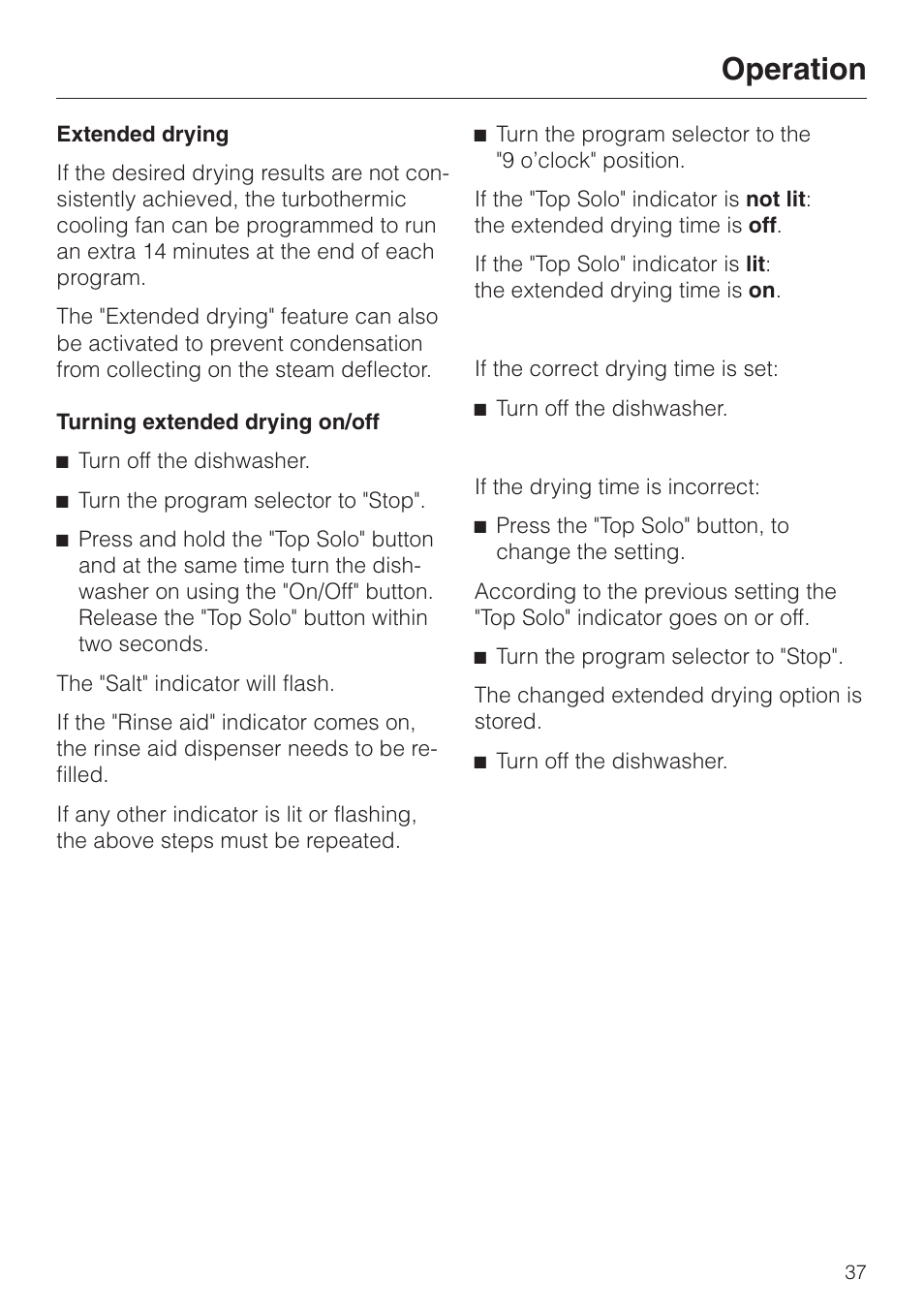 Extended drying 37, Extended drying, Operation | Miele NOVOTRONIC G 851 SC PLUS User Manual | Page 37 / 52