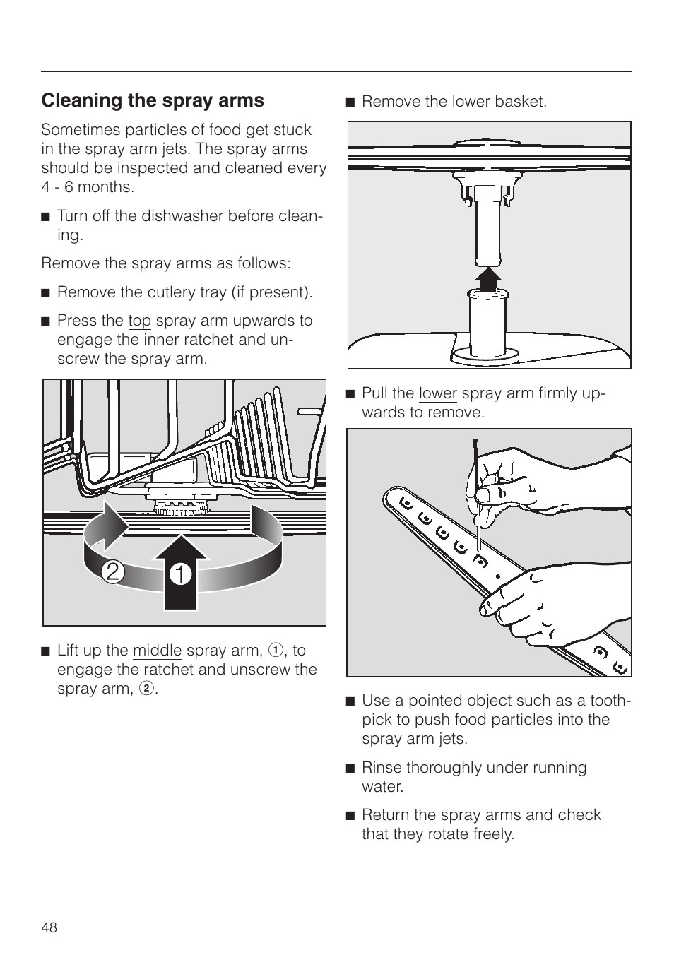 Cleaning the spray arms 48, Cleaning the spray arms | Miele NOVOTRONIC G 851 SC PLUS User Manual | Page 48 / 52