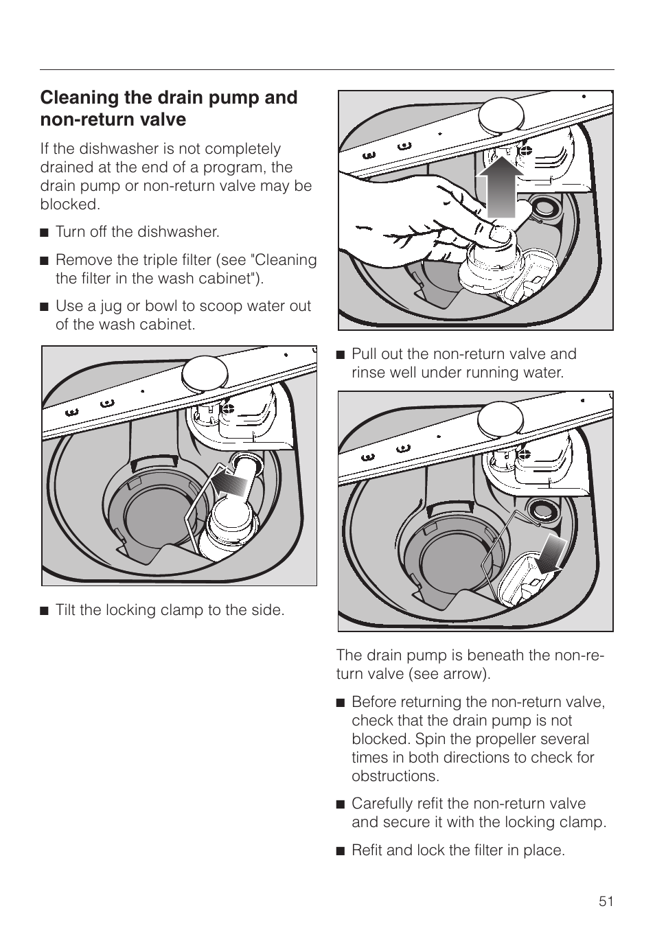 Cleaning the drain pump and non-return valve 51, Cleaning the drain pump and non-return valve | Miele NOVOTRONIC G 851 SC PLUS User Manual | Page 51 / 52