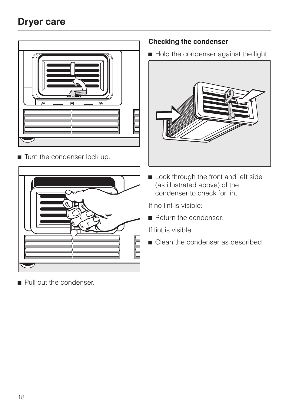 Cleaning the condenser 18, Dryer care | Miele TOUCHTRONIC T 1339 C User Manual | Page 18 / 44
