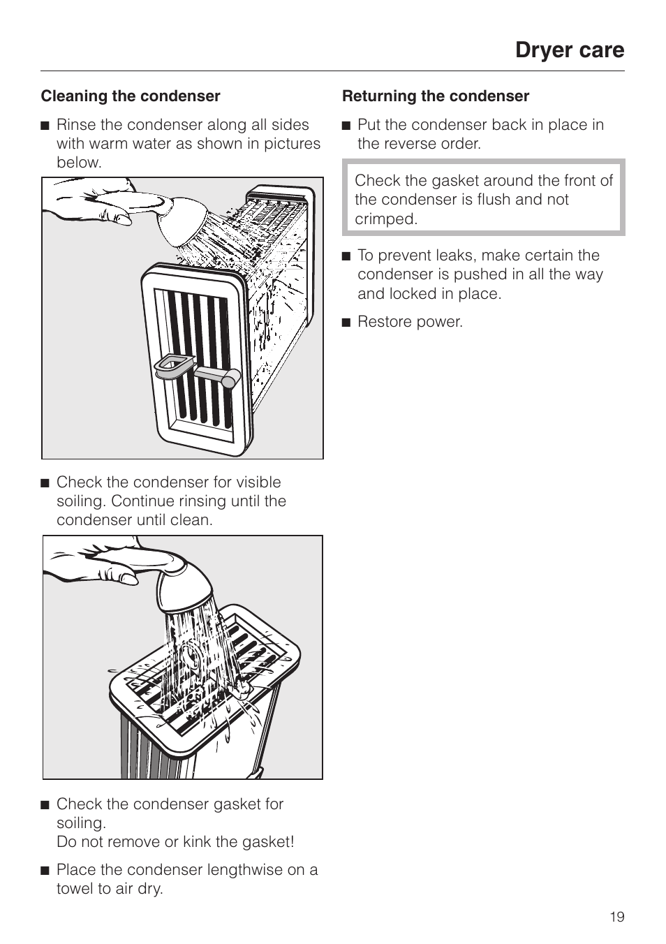 Dryer care | Miele TOUCHTRONIC T 1339 C User Manual | Page 19 / 44