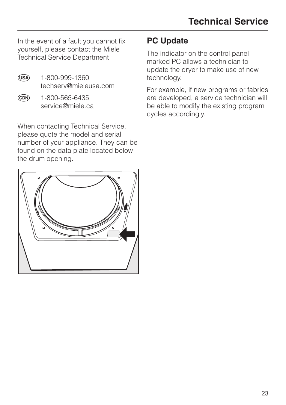 Technical service, Pc update | Miele TOUCHTRONIC T 1339 C User Manual | Page 27 / 44