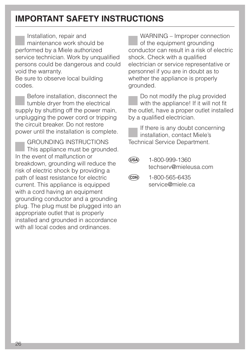 Installation instructions 25, Important safety instructions | Miele TOUCHTRONIC T 1339 C User Manual | Page 30 / 44