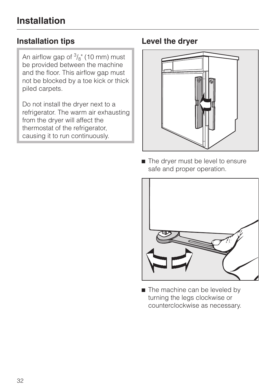 Installation site 31, Installation beneath a counter 31, Installation | Installation tips, Level the dryer | Miele TOUCHTRONIC T 1339 C User Manual | Page 36 / 44