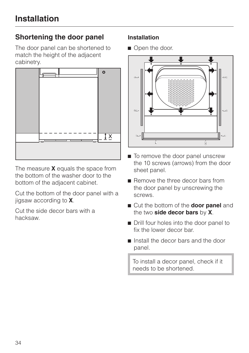 Installing the decor panel 33, Installation, Shortening the door panel | Miele TOUCHTRONIC T 1339 C User Manual | Page 38 / 44