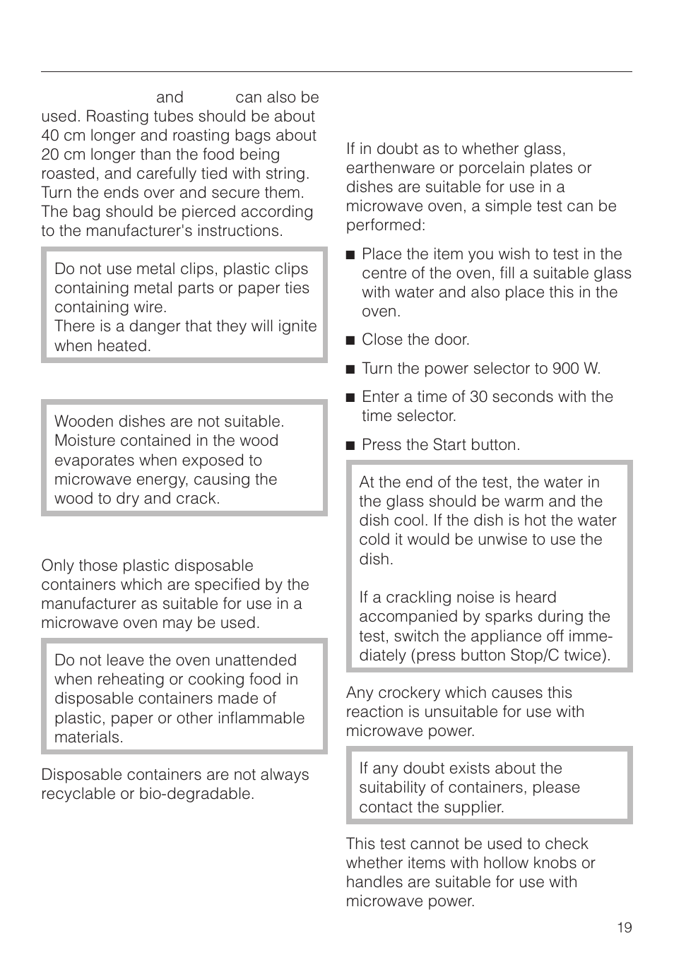 Testing dishes for their suitability 19, Suitable containers for microwave ovens, Testing dishes for their suitability | Miele M 8261 User Manual | Page 19 / 60