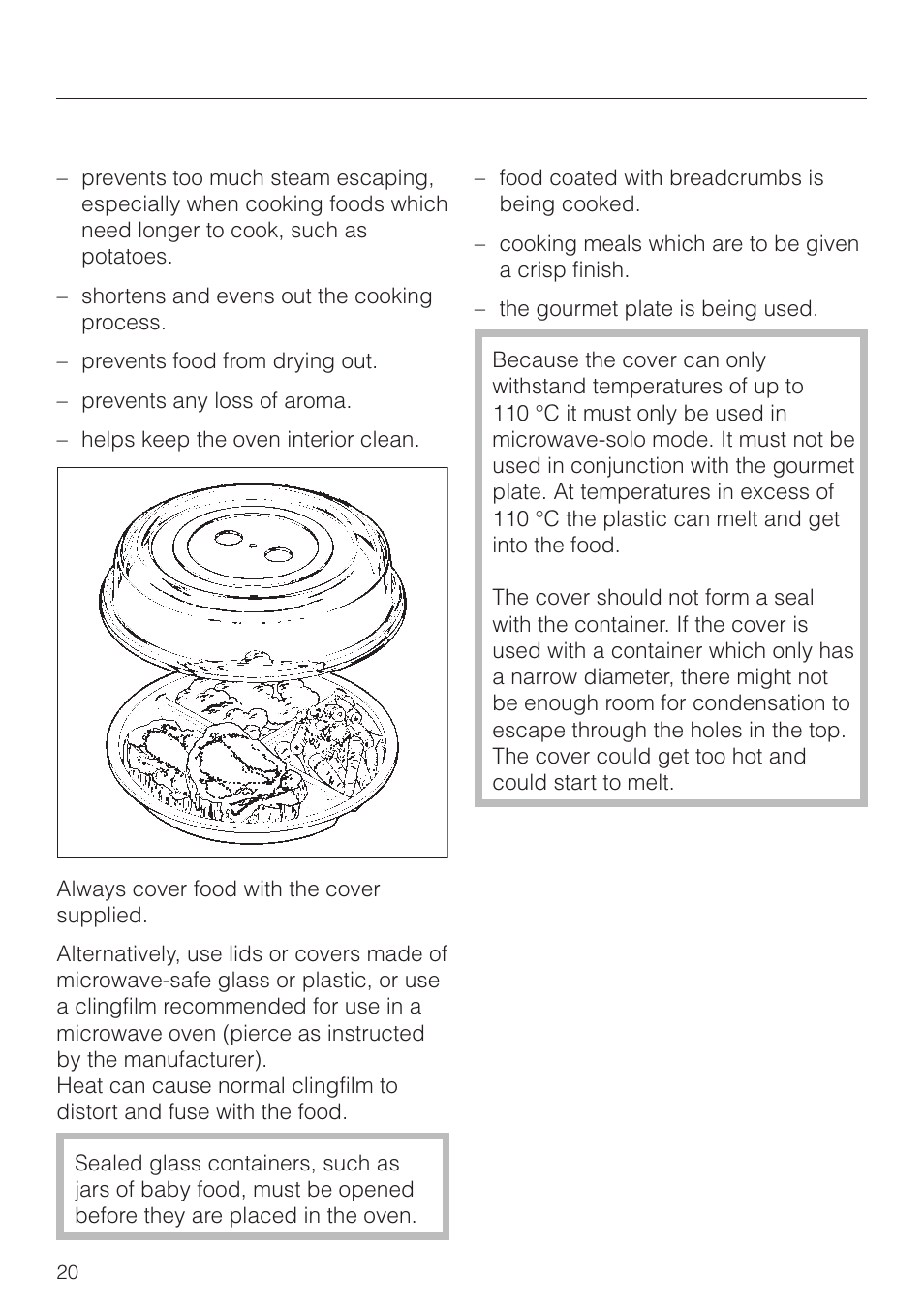 The cover 20, Suitable containers for microwave ovens, The cover | Miele M 8261 User Manual | Page 20 / 60