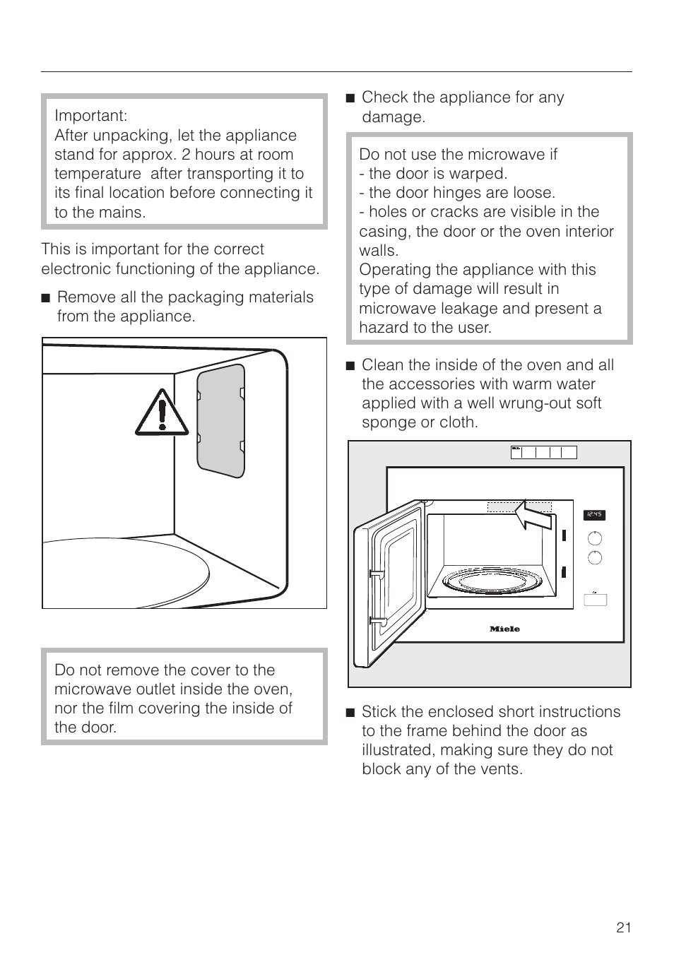 Before using for the first time 21, Before using for the first time | Miele M 8261 User Manual | Page 21 / 60