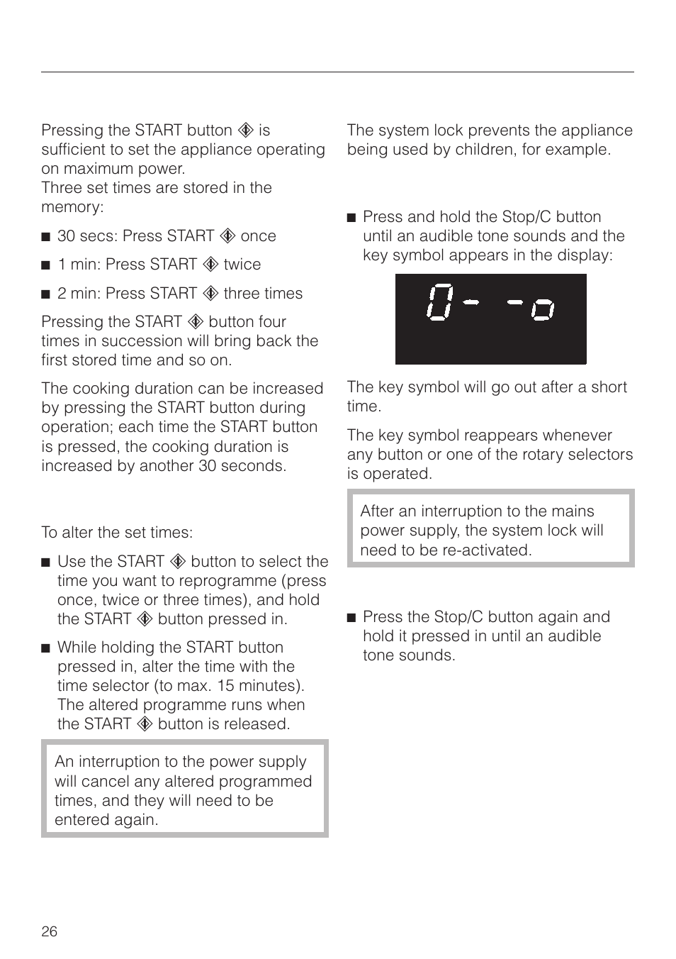 Quick start (programmable) 26, System lock 26, Operation | Quick start (programmable), System lock | Miele M 8261 User Manual | Page 26 / 60