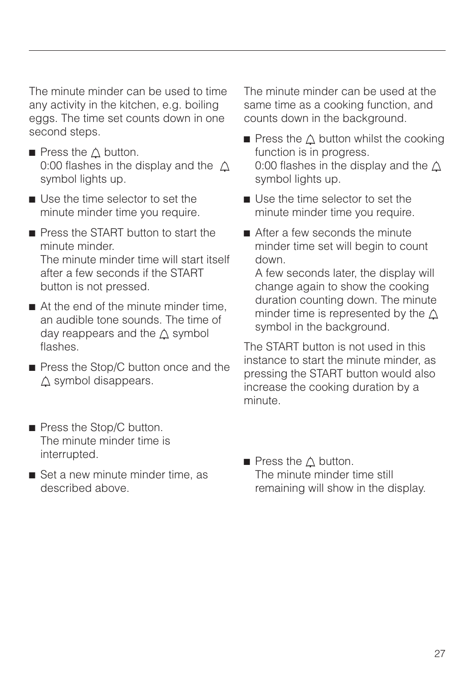 Minute minder 27, Altering a minute minder entry 27, Minute minder + cooking function 27 | Operation, Minute minder | Miele M 8261 User Manual | Page 27 / 60