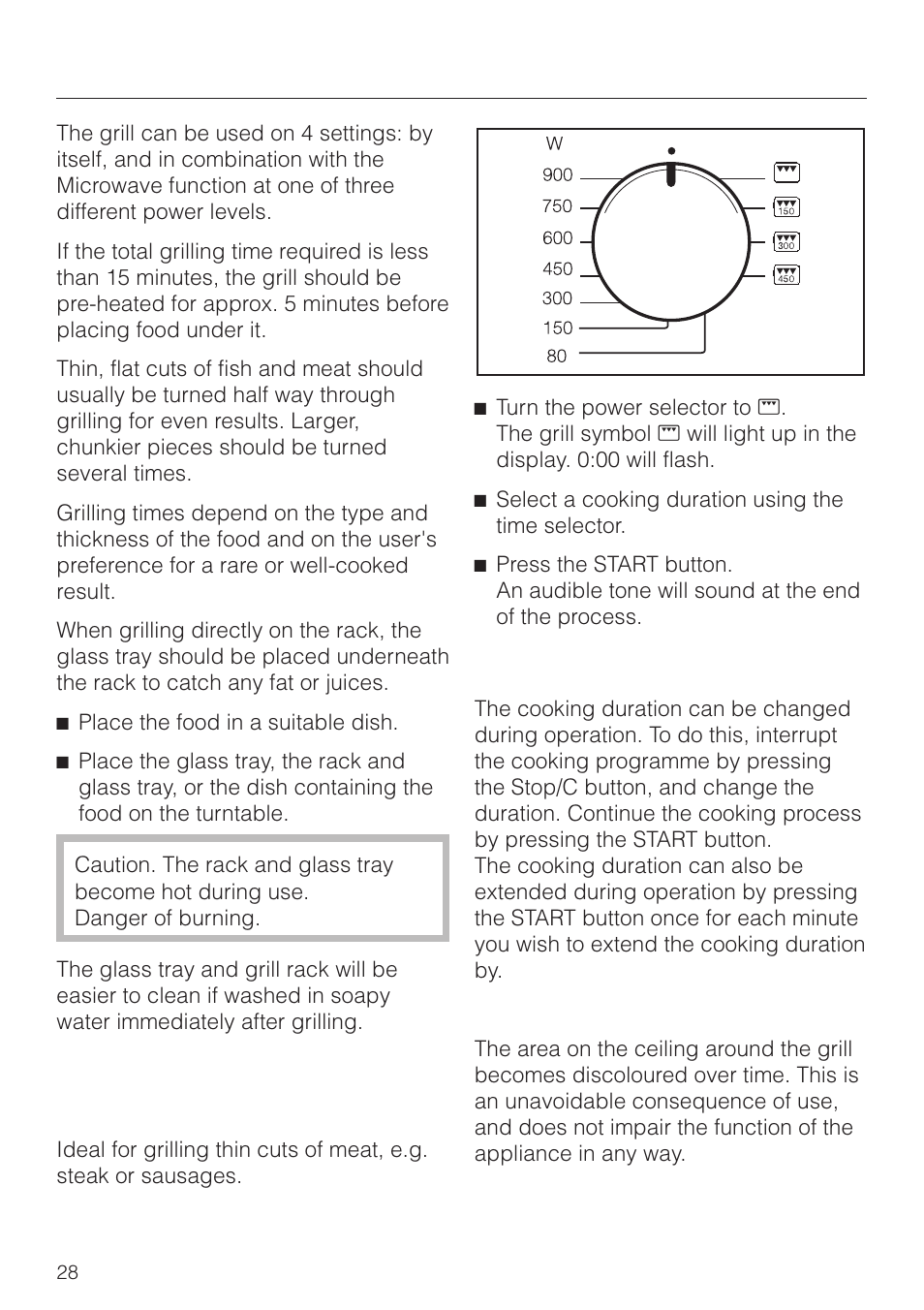 Operation - grilling 28, Operation - grilling, Grilling without the microwave function | Miele M 8261 User Manual | Page 28 / 60