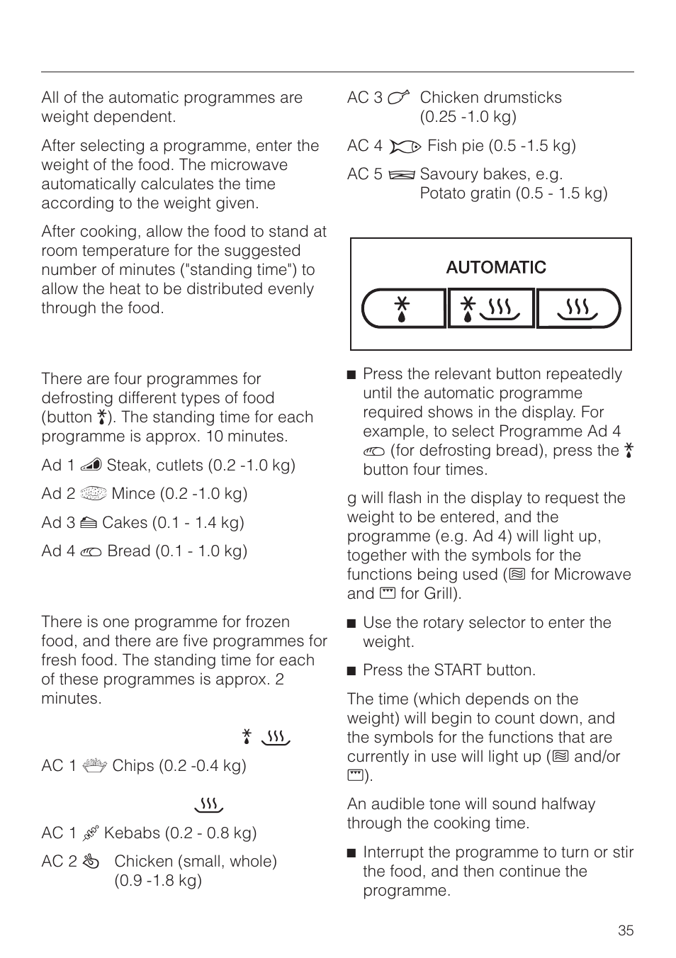 Operation - automatic programmes 35, Automatic defrosting 35, Automatic cooking 35 | Operation - automatic programmes, Automatic defrosting, Automatic cooking | Miele M 8261 User Manual | Page 35 / 60