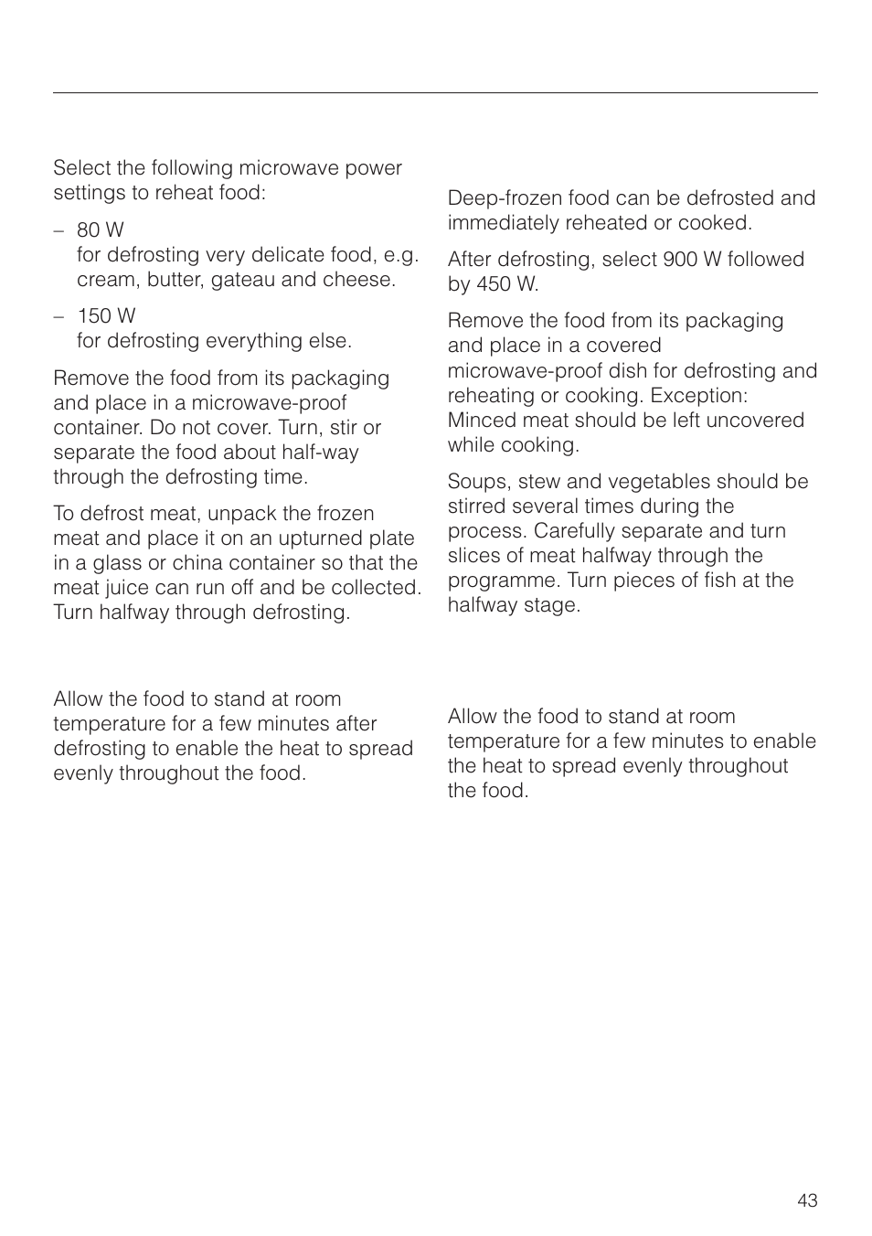 Defrosting/defrosting and reheating or cooking 43, Defrosting/defrosting and reheating or cooking, Defrosting | Defrosting followed by reheating or cooking | Miele M 8261 User Manual | Page 43 / 60
