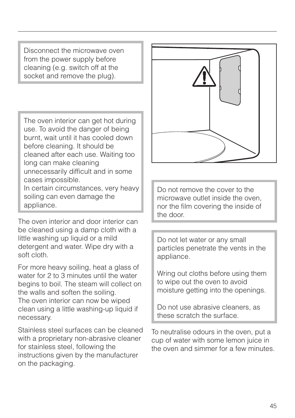 Cleaning and care 45, Oven interior and inside of the door 45, Cleaning and care | Oven interior and inside of the door | Miele M 8261 User Manual | Page 45 / 60