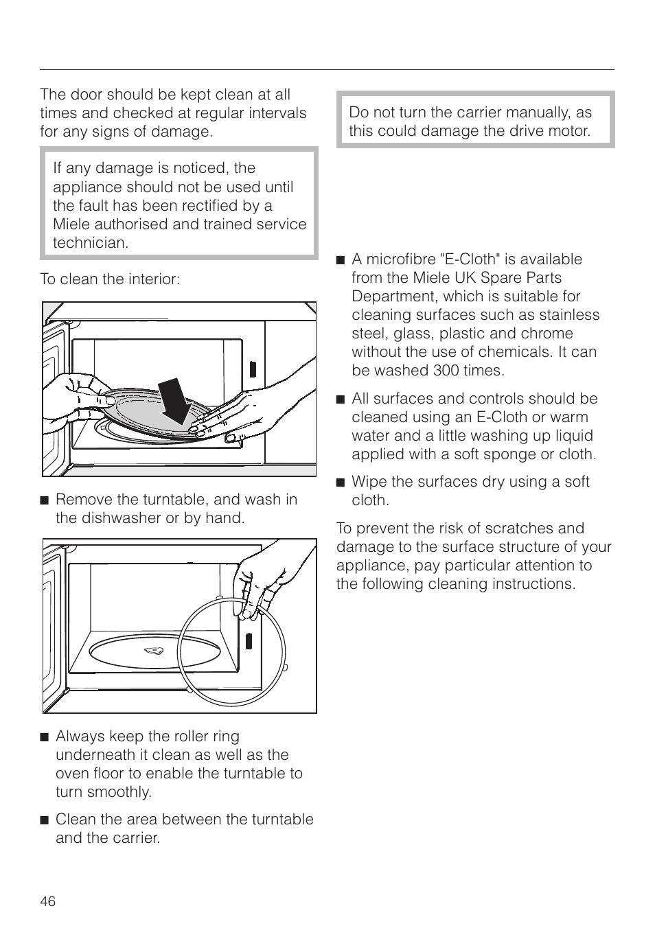 Appliance front and control panel 46, Cleaning and care, Appliance front and control panel | Miele M 8261 User Manual | Page 46 / 60