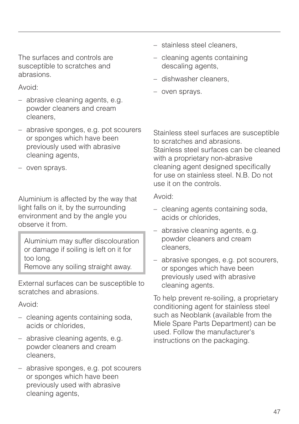 Cleaning and care, Glass fronted appliances, Aluminium fronted appliances | Stainless steel fronted appliances | Miele M 8261 User Manual | Page 47 / 60