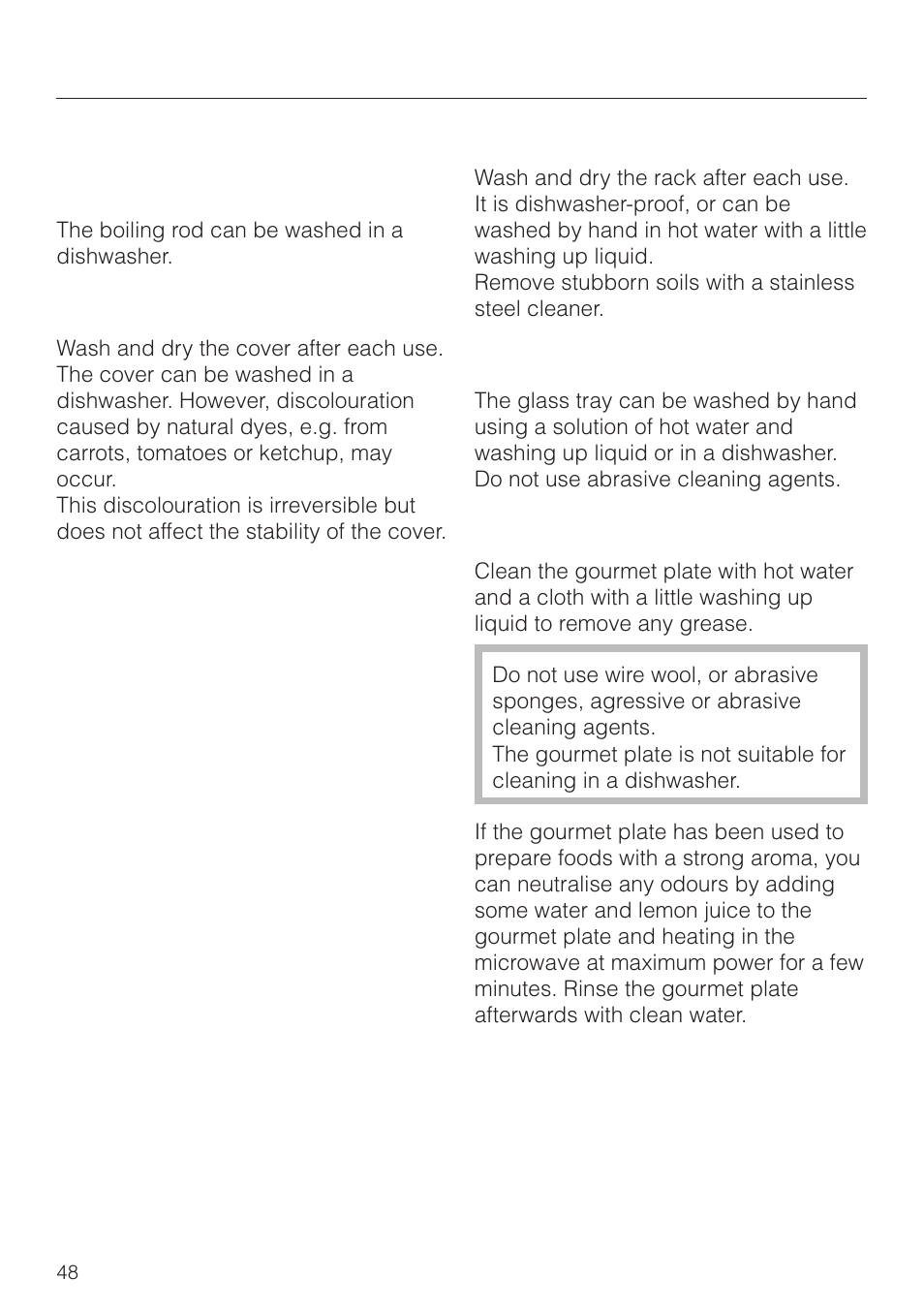 Accessories supplied 48, Cleaning and care, Accessories supplied | Miele M 8261 User Manual | Page 48 / 60