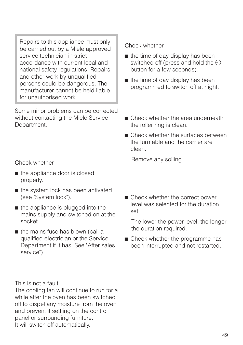 Problem solving guide 49, Problem solving guide | Miele M 8261 User Manual | Page 49 / 60