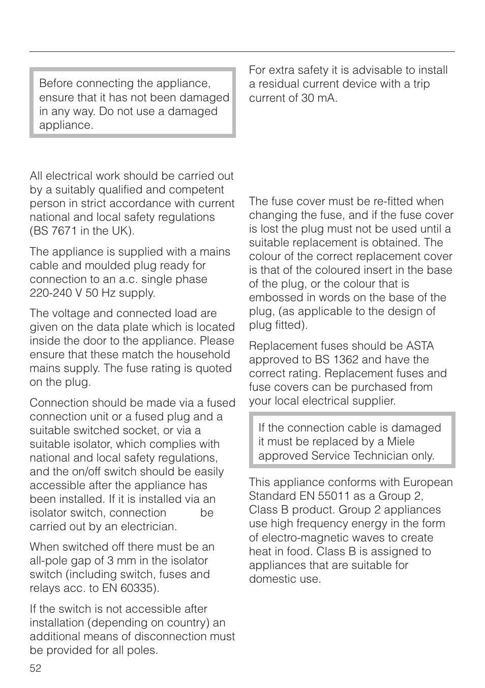 Electrical connection irl, u.k., za 52, Electrical connection irl, u.k., za, Electrical connection | Miele M 8261 User Manual | Page 52 / 60
