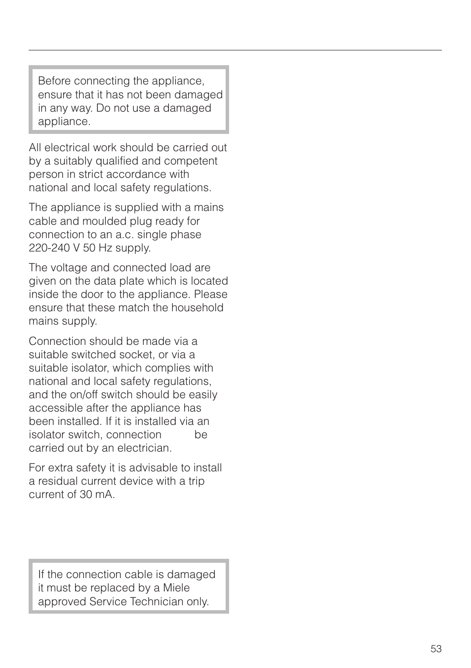 Electrical connection aus, nz 53, Electrical connection aus, nz | Miele M 8261 User Manual | Page 53 / 60