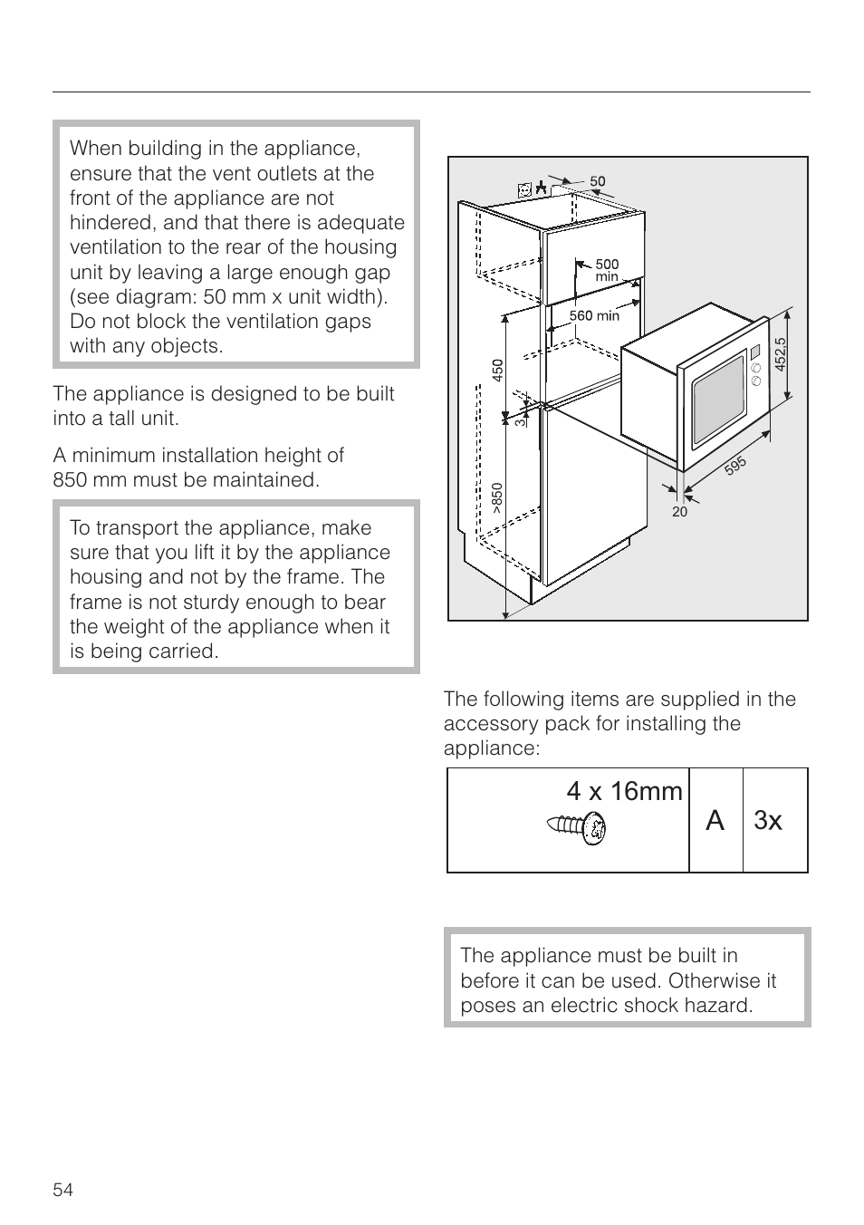 Installation 54, 4 x 16mm 3, Building-in dimensions building-in kit | Installation | Miele M 8261 User Manual | Page 54 / 60