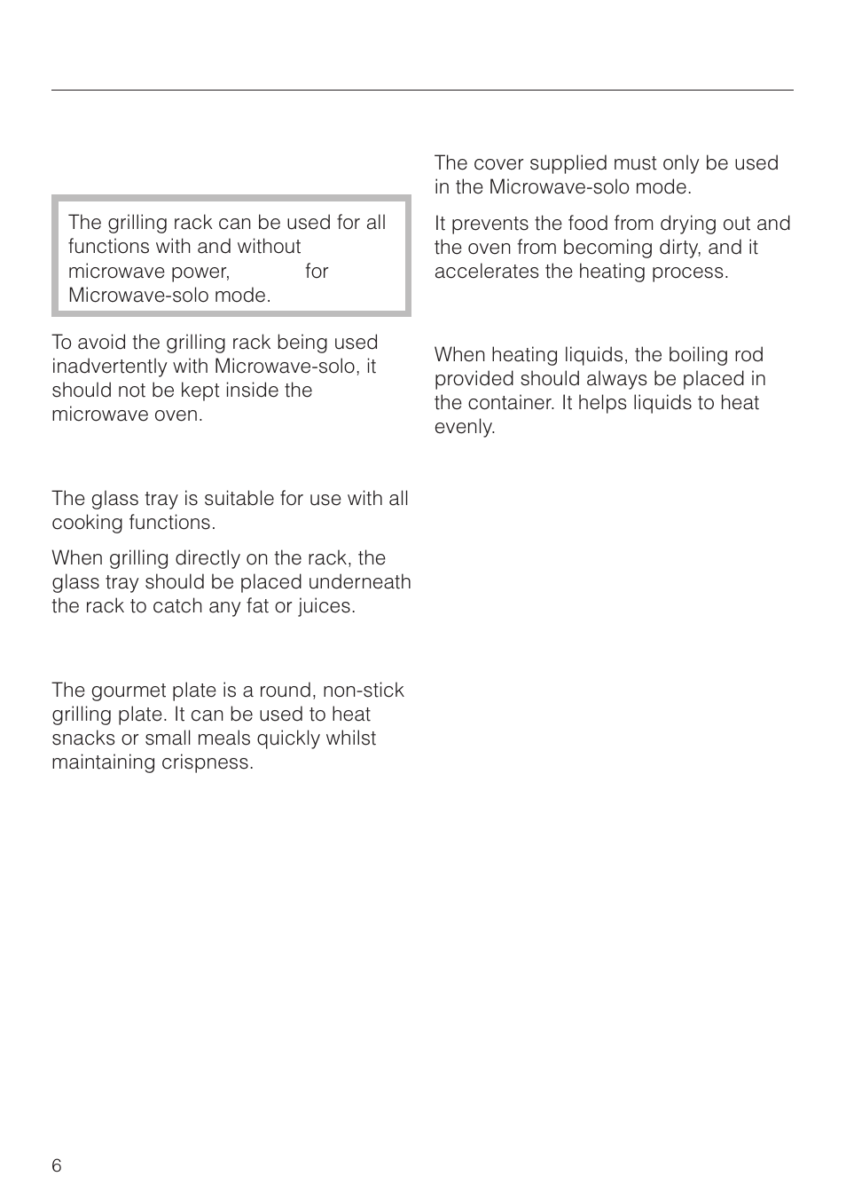Accessories supplied 6, Grilling rack 6, Glass tray 6 | Gourmet plate 6, Cover 6, Boiling rod 6, Description of the appliance, Accessories supplied | Miele M 8261 User Manual | Page 6 / 60