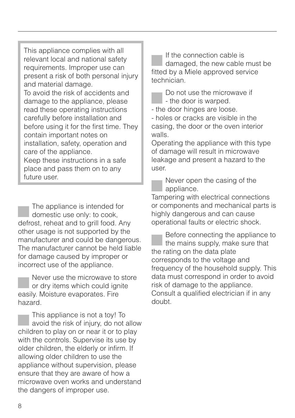 Warning and safety instructions 8, Warning and safety instructions | Miele M 8261 User Manual | Page 8 / 60