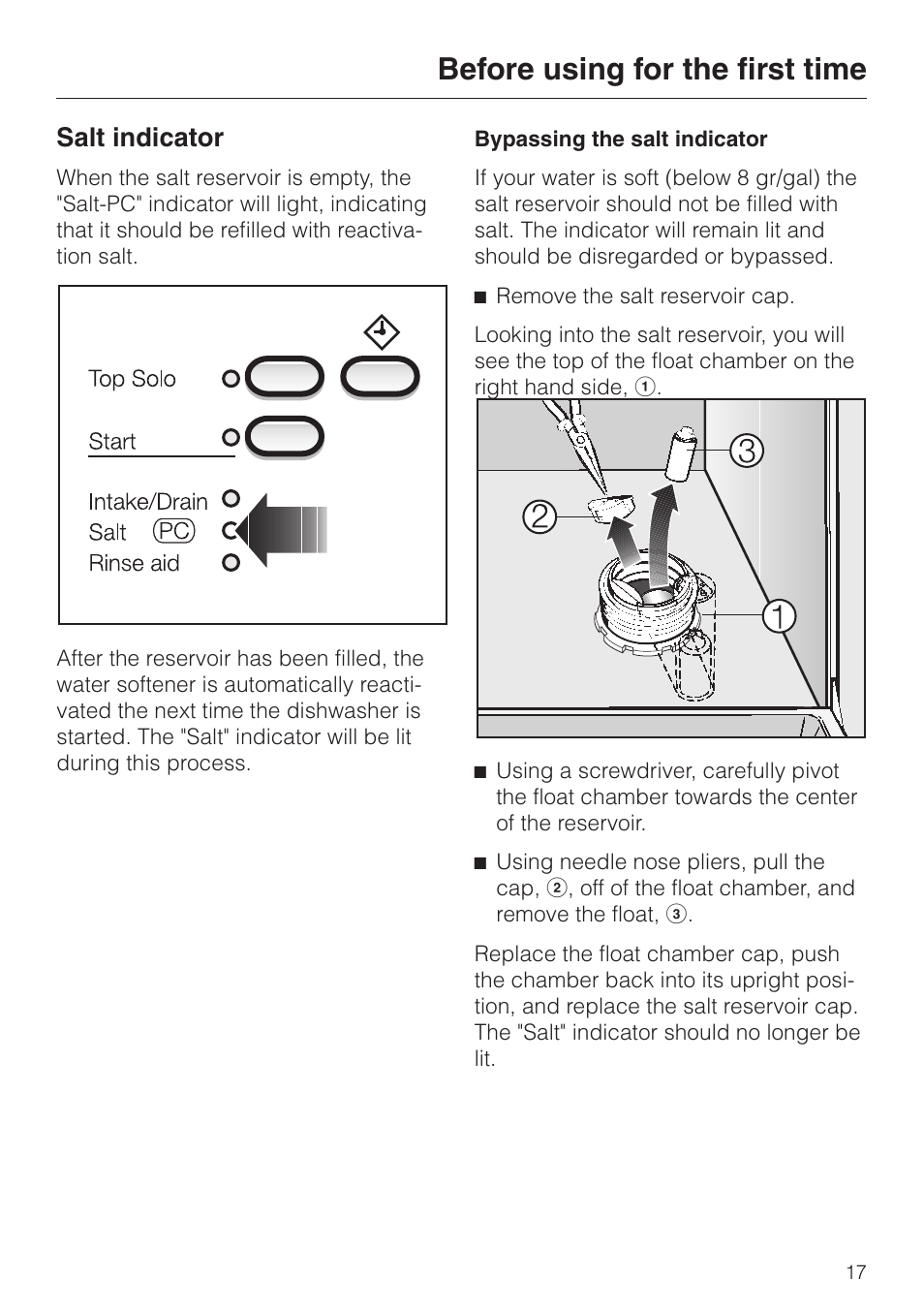 Salt indicator 17, Salt indicator, Before using for the first time | Miele NOVOTRONIC G 856 SC ELITE User Manual | Page 17 / 52