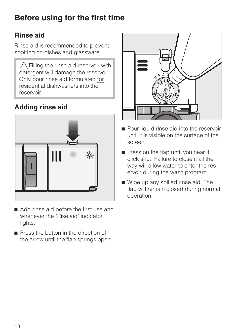 Rinse aid 18, Adding rinse aid 18, Rinse aid adding rinse aid | Before using for the first time, Rinse aid, Adding rinse aid | Miele NOVOTRONIC G 856 SC ELITE User Manual | Page 18 / 52