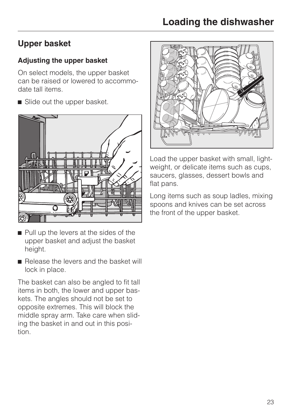 Upper basket 23, Adjusting the upper basket 23, Upper basket | Adjusting the upper basket, Loading the dishwasher | Miele NOVOTRONIC G 856 SC ELITE User Manual | Page 23 / 52