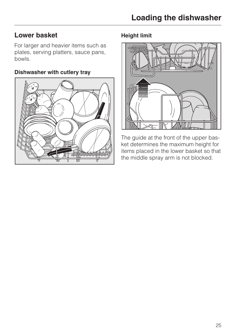 Lower basket 25, Lower basket, Loading the dishwasher | Miele NOVOTRONIC G 856 SC ELITE User Manual | Page 25 / 52