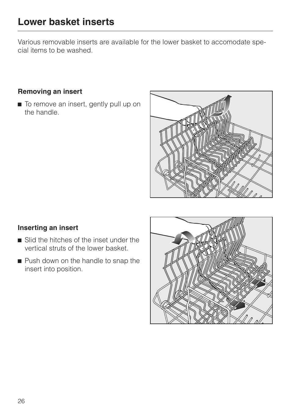 Lower basket inserts 26, Removing an insert 26, Inserting an insert 26 | Lower basket inserts, Removing an insert inserting an insert | Miele NOVOTRONIC G 856 SC ELITE User Manual | Page 26 / 52