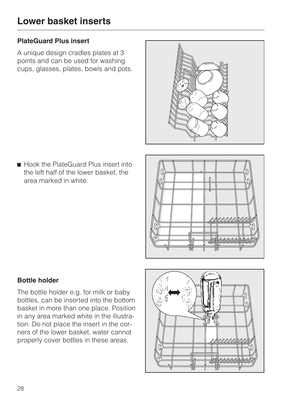 Plateguard plus insert 28, Bottle holder 28, Plateguard plus insert bottle holder | Lower basket inserts | Miele NOVOTRONIC G 856 SC ELITE User Manual | Page 28 / 52