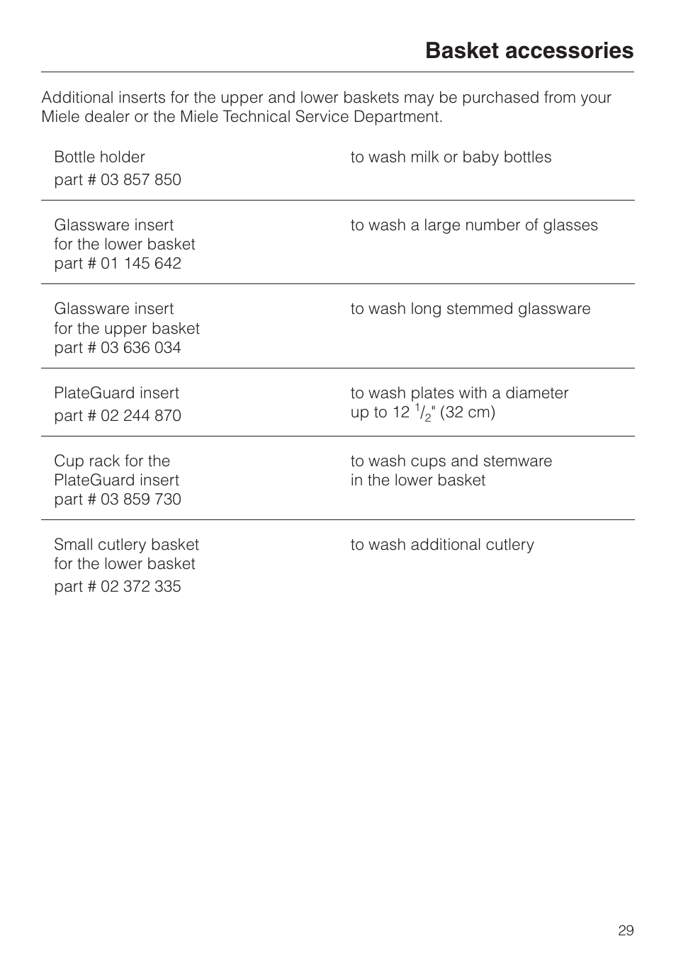 Basket accessories 29, Basket accessories | Miele NOVOTRONIC G 856 SC ELITE User Manual | Page 29 / 52