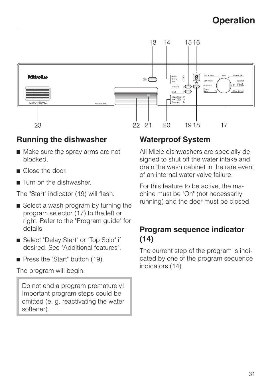 Running the dishwasher 31, Program sequence indicator (14) 31, Operation | Running the dishwasher, Waterproof system, Program sequence indicator (14) | Miele NOVOTRONIC G 856 SC ELITE User Manual | Page 31 / 52