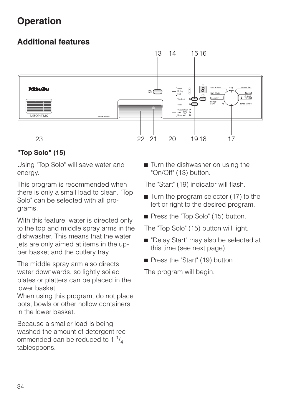 Additional features 34, Top solo" (15) 34, Additional features | Top solo" (15), Operation | Miele NOVOTRONIC G 856 SC ELITE User Manual | Page 34 / 52