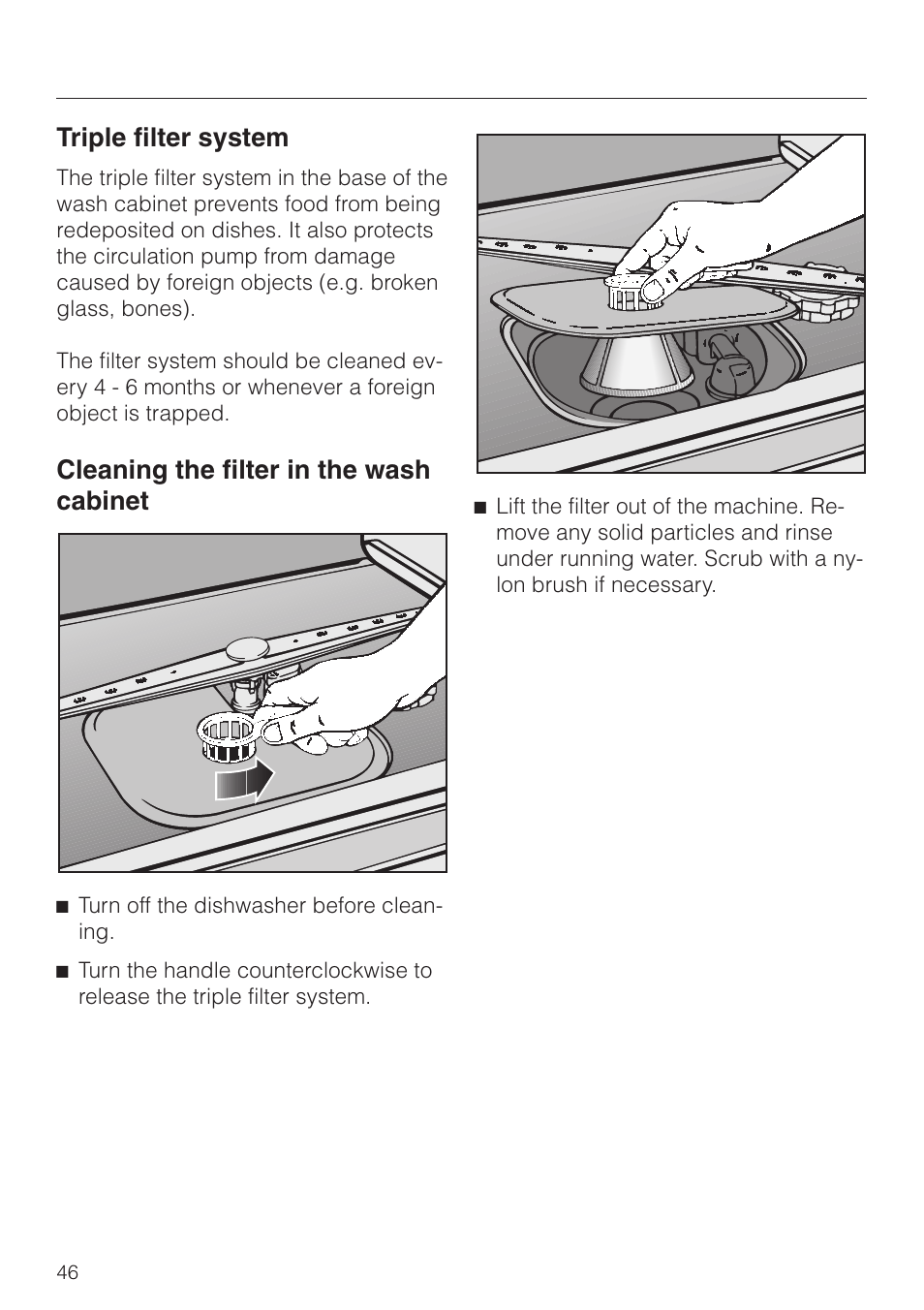 Cleaning the filter in the wash cabinet 46, Cleaning the filter in the wash cabinet, Triple filter system | Miele NOVOTRONIC G 856 SC ELITE User Manual | Page 46 / 52