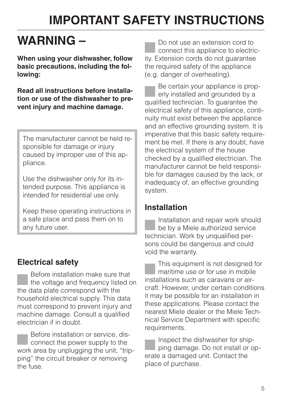 Important safety instructions 5, Important safety instructions, Warning | Miele NOVOTRONIC G 856 SC ELITE User Manual | Page 5 / 52