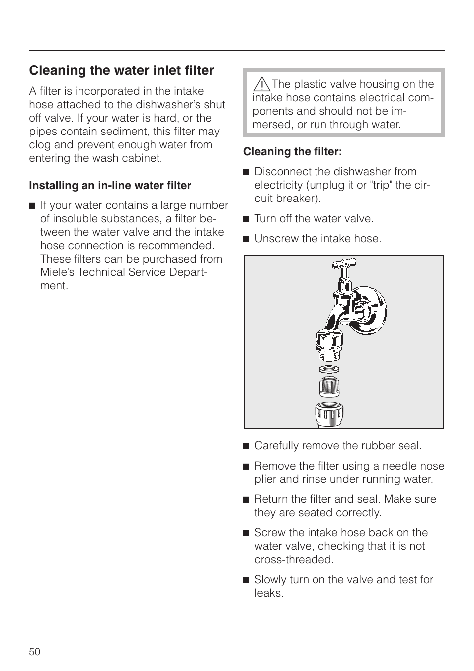 Cleaning the water inlet filter 50, Cleaning the water inlet filter | Miele NOVOTRONIC G 856 SC ELITE User Manual | Page 50 / 52